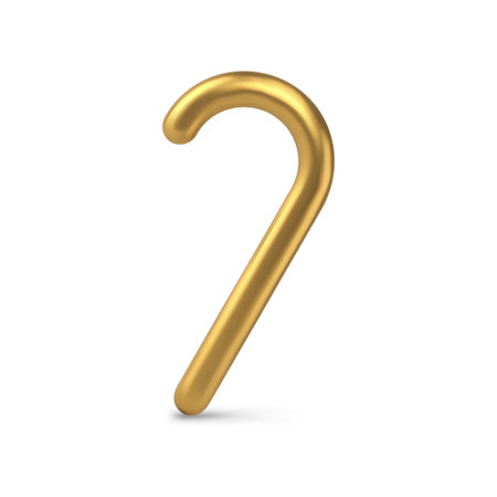 Realistic gold Christmas candy cane twisted ornamental festive sweet delicious vector illustration. Bright metallic golden Xmas decorative toy spruce design greeting stick winter holiday isolatedのイラスト素材