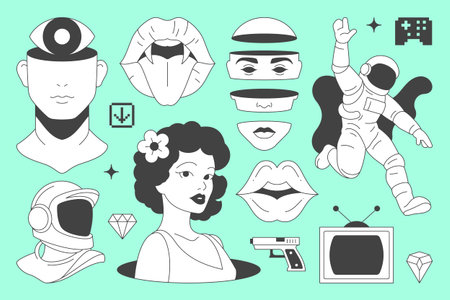 Y2k psychedelic comic minimal line icon contemporary pop art concept set vector flat illustration....