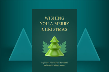Merry Christmas congratulations premium greeting card template green spruce decorative design realistic 3d icon vector illustration. Traditional winter holiday festive congrats poster fir tree forestのイラスト素材