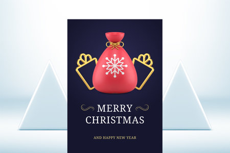 Santa Claus red sack Happy New Year greeting card template realistic 3d icon vector illustration. Merry Christmas congrats poster golden present gift box frame bauble black curved ornament designのイラスト素材