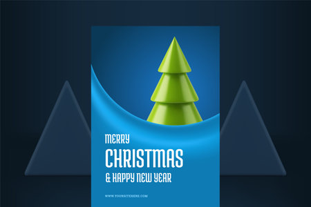 Green tree bauble Merry Christmas blue wave ornament greeting card realistic 3d icon vector illustration. Premium Happy New Year congratulations poster fir tree toy decorative design place for textのイラスト素材