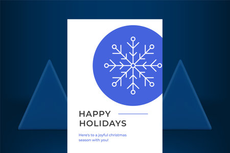 Happy New Year blue snowflake decorative greeting card template vector illustration. Merry Christmas traditional ornament frozen ice crystal pattern round border festive congratulations designのイラスト素材