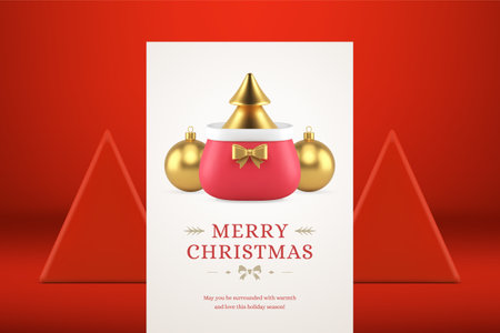 Merry Christmas greeting card golden spruce in Santa Claus sack festive surprise realistic 3d icon vector illustration. Happy New Year congratulations poster Xmas ball toy winter holiday celebrationのイラスト素材