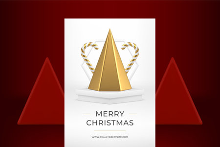 Xmas greeting card template golden triangle pyramid geometric Christmas bauble realistic 3d icon vector illustration. Happy New Year congratulations poster sweet cane twisted candy decorative designのイラスト素材