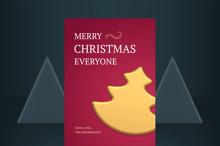 Merry Christmas congratulations winter holiday celebration greeting card red design realistic 3d icon vector illustration. Golden Xmas spruce bauble Happy New Year poster best wishes curved ornateのイラスト素材