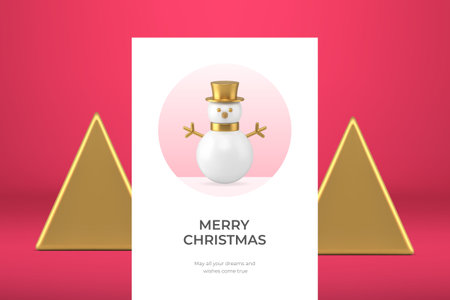Pink premium Happy New Year greeting card luxury snowman in golden hat realistic 3d icon vector illustration. Winter festive holiday congratulations Merry Christmas poster decorative designのイラスト素材