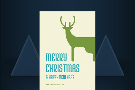 Merry Christmas creative vintage greeting card green deer with horns vector illustration. Happy New Year winter holiday congratulations ornament decor design seasonal magic animal invitation templateのイラスト素材