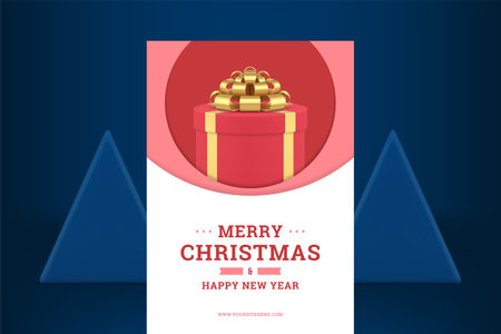Red premium gift box Merry Christmas greeting card template realistic 3d icon vector illustration. Happy New Year luxury surprise present pack with golden metallic bow circle frame invitation designのイラスト素材