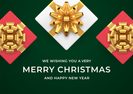 Winter holiday greeting card congrats festive wrapped gift boxes with top view realistic 3d bow icon vector illustration. Merry Christmas festive horizontal banner premium present surprise packageのイラスト素材