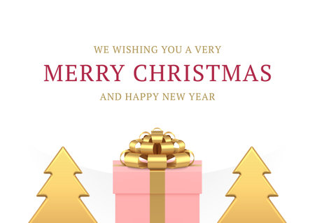 Winter holiday greeting card festive congratulations elegant decorative design realistic 3d icon vector illustration. Merry Christmas best wishes pink gift box and golden premium fir tree bauble toyのイラスト素材