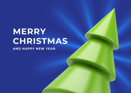 Merry Christmas blue illuminated greeting card template green spruce bauble realistic 3d icon vector illustration. Happy New Year winter holiday celebration banner decorative design fir tree toyのイラスト素材