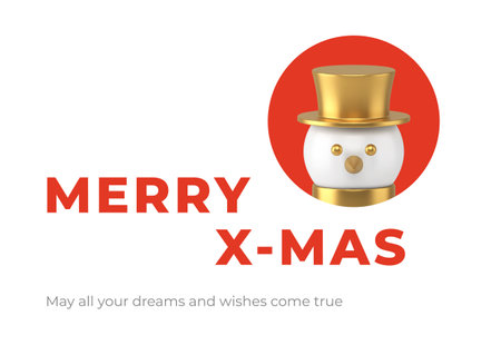 Merry Xmas white trendy greeting card template snowman portrait realistic 3d icon vector illustration. Happy New Year winter holiday congratulations circle frame design traditional Christmas celebrateのイラスト素材