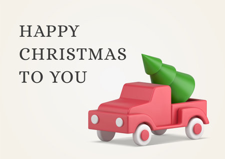 Merry Christmas white elegant congratulations greeting card template realistic 3d icon vector illustration. Happy New Year red pickup car with green festive spruce decorative banner designのイラスト素材