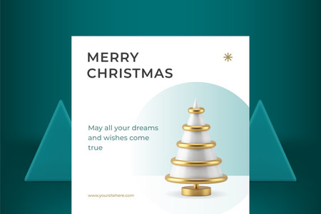 Merry Christmas elegant congratulations white greeting card spruce bauble realistic 3d icon vector illustration. Happy New Year winter holiday celebration web banner fir tree toy premium designのイラスト素材