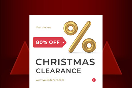 Seasonal Christmas clearance sale percentage social media post template premium design realistic 3d icon vector illustration. Xmas winter holiday discount golden percent bauble decorative web bannerのイラスト素材