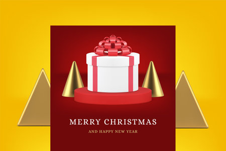 Merry Christmas premium greeting card gift box on pedestal design realistic 3d icon vector illustration. Happy New Year traditional Xmas congratulations banner present surprise golden metallic coneのイラスト素材