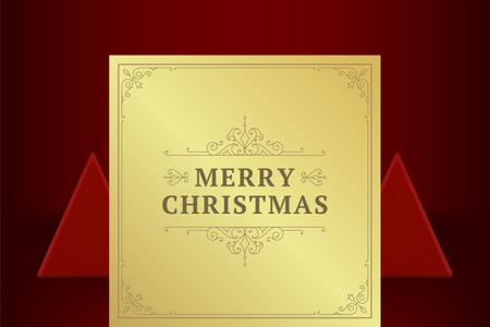 Merry Christmas golden vintage greeting card premium curved ornament decorative design vector illustration. Happy New Year traditional winter holiday celebration post curly ornate bannerのイラスト素材