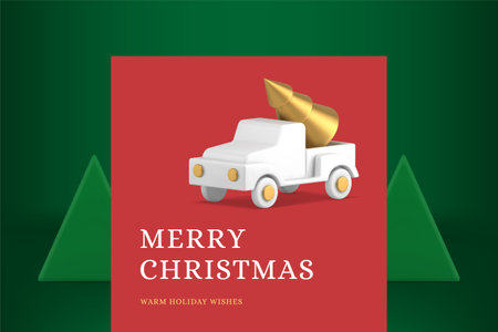 Merry Christmas greeting card automobile riding with Xmas spruce premium design realistic 3d icon vector illustration. Happy New Year web banner fir tree in pickup car winter holiday celebrateのイラスト素材