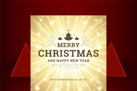Merry Christmas royal classic greeting card illuminated glare curved ornate design vector illustration. Happy New Year banner festive celebration premium curly ornament elegant golden spruce fir treeのイラスト素材