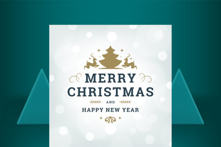 Merry Christmas premium greeting card white illuminated snowflake decorative design vector illustration. Happy New Year congratulations banner golden curved ornament deer festive spruce poster decorのイラスト素材