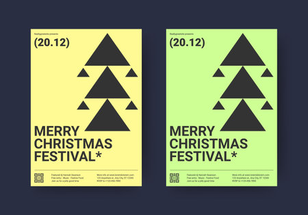 Merry Christmas festival modern flyer geometric spruce design template set vector flat illustration. Happy New Year Xmas winter holiday celebration minimal yellow green invitation triangle fir treeのイラスト素材