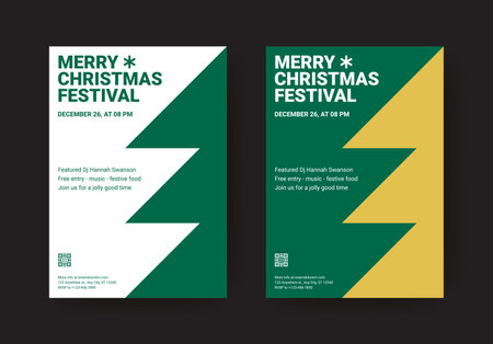 Merry Christmas festival minimal geometric spruce flyer design template set vector flat illustration. Happy New Year Xmas winter holiday festive celebration event invitation triangle fir tree posterのイラスト素材
