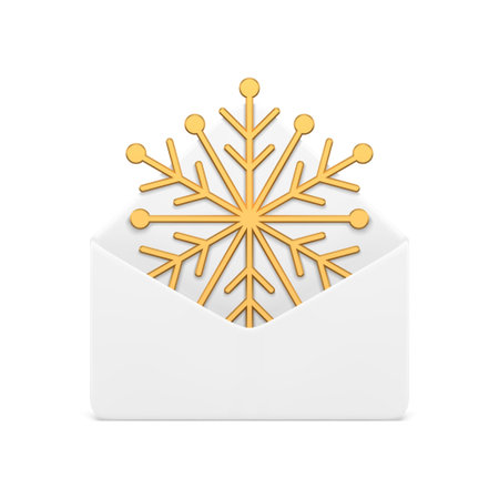 Christmas Xmas letter correspondence festive winter holiday invitation 3d icon realistic vector illustration. New Year winter holiday white envelope letter golden luxury snowflake festive surpriseのイラスト素材