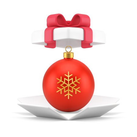Red Christmas ball toy festive luxury surprise in pack explosion 3d icon realistic vector illustration. Xmas New Year premium bauble with snowflake and loop present in open gift box decorのイラスト素材