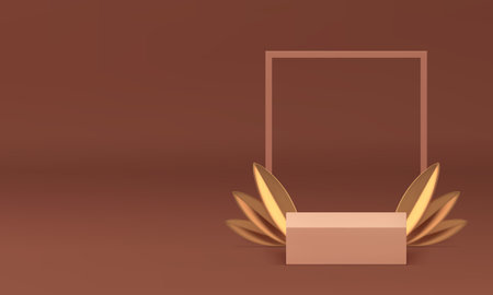 Pastel 3d podium with frame and golden leaves for presentation realistic vector illustration. Beige neutral squared pedestal and rectangle boarder wall background showcase for product showのイラスト素材