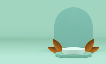 3d green pastel podium pedestal for product show presentation realistic vector illustration. Elegant luxury cylinder display with golden leaves and semi circle wall background commercial advertisingのイラスト素材