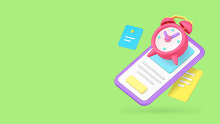 Smartphone app alarm clock reminder notification banner copy space vector illustration. Mobile phone...