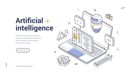 Artificial intelligence powered code generation. Surrounding elements enhance the digital theme, innovation in programming. Line art isometric web banner, landing page templateのイラスト素材