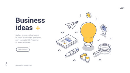 Business ideas line art isometric web banner, landing page template. Light bulb surrounded by various elements like a pen, notepad, coins, and a magnifying glass, symbolizing creativity and innovationのイラスト素材