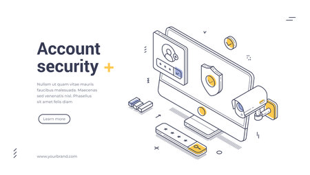 Account security web banner showcasing user login elements, a camera for monitoring, and security icons. It conveys a focus on cybersecurityのイラスト素材