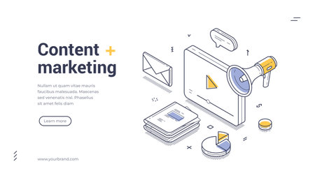 Digital content marketing tools like a megaphone, charts, documents, and messages, emphasizing the importance of communication in marketing strategies. Web banner templateのイラスト素材