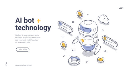 AI bot technology modern isometric line art web banner, landing page template. Futuristic AI chat bot surrounded by cheerful emoticons and chat icons in a vibrant digital landscapeのイラスト素材