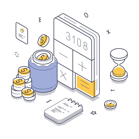 Financial management tools, including a calculator, savings jar, coins, notebook, and hourglass, emphasizing budgeting and saving techniques. Budget saving concept. Modern isometric line artのイラスト素材