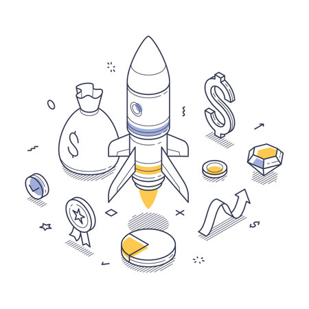 Startup concept line art. Rocket taking off surrounded by symbols of success including money bags, growth charts, and rewards highlighting business startup achievements. Vector illustrationのイラスト素材