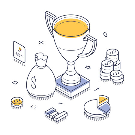 Trophy victory representing, surrounded by various financial symbols like coins, a money bag, and charts. It emphasizes achievement and success in business. Modern isometric line artのイラスト素材