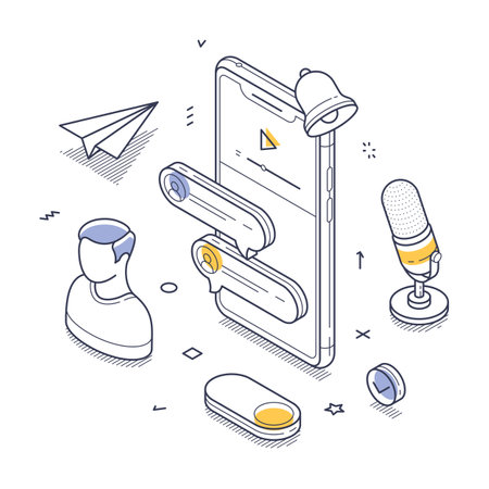 Various communication and media elements, including a smartphone, microphone, and user avatars. Visual connections emphasize interaction in a digital space. Modern isometric line artのイラスト素材