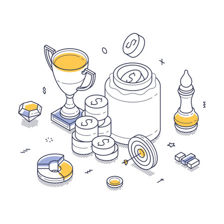 Business success strategies with elements like a trophy, coins, and a target. Visually represents the importance of budget saving in achieving goals. Modern isometric line art vector illustrationのイラスト素材