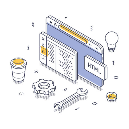 Computer displaying code with CSS and HTML icons, surrounded by design elements like a coffee cup and additional graphic symbols. Perfect for coding themes. Isometric line art illustrationのイラスト素材