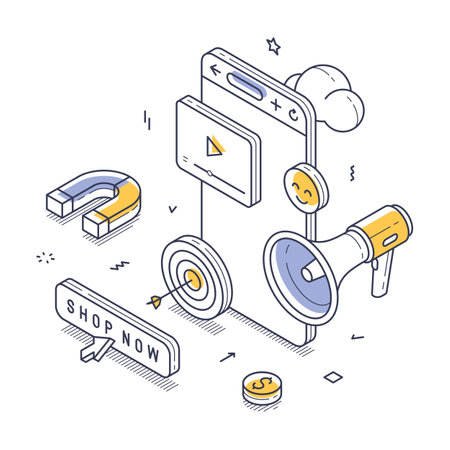 Mobile device showcasing a video ad surrounded by marketing elements, such as a loudspeaker, magnet, and call-to-action icons, emphasizing effective strategies. Isometric line art vector illustrationのイラスト素材