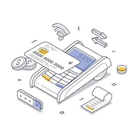 Payment terminal with a credit card, coins, and transaction details, visually showing the process of making a digital payment. Modern isometric line art vector illustrationのイラスト素材