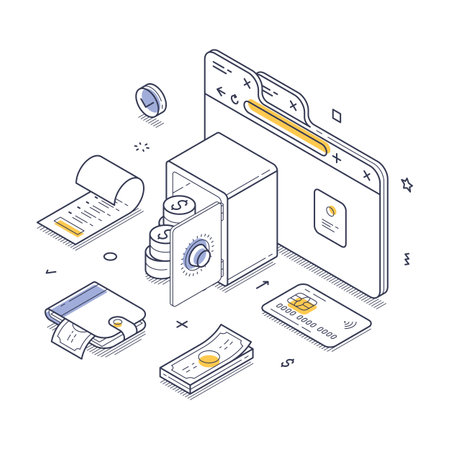 Digital finance elements, including a safe, cash, credit cards, and receipts. The layout emphasizes modern banking activities and online transactions. Isometric line art vector illustrationのイラスト素材