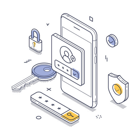 Smartphone displaying user authentication, a key, and security elements like locks and shields, emphasizing digital security and access control. Modern isometric line art vector illustrationのイラスト素材