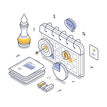 Calendar grid, a chess piece symbolizing strategy, and several infographic elements like charts and icons, emphasizing organization and planning. Modern isometric line artのイラスト素材