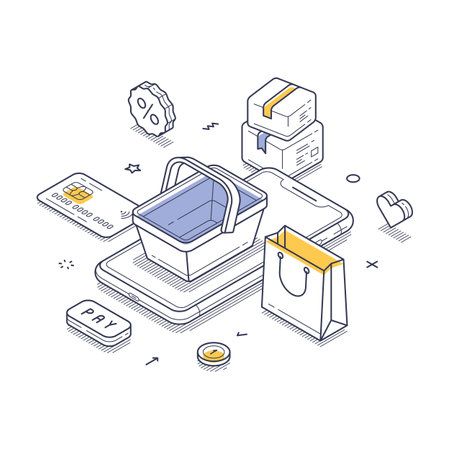 Arrangement of online shopping components including a shopping basket, a smartphone, payment icons, and delivered packages. Online ordering of food and parcel delivery. Modern isometric line artのイラスト素材