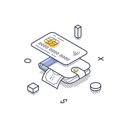 Online shopping featuring a wallet with a card and cash emerging. The design emphasizes payment methods in a modern digital context. Vector illustrationのイラスト素材
