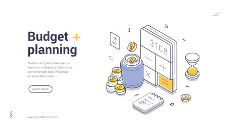 Budget planning modern isometric line art web banner. Financial management tools, including a calculator, savings jar, coins, notebook, and hourglass, emphasizing budgeting and saving techniquesのイラスト素材